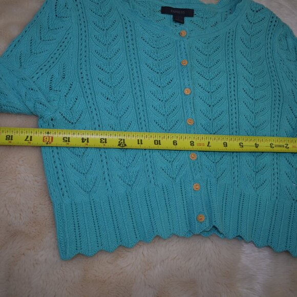 Express Teal Cropped Cotton Knit Cardigan Sweater Size Large - Picture 12 of 15